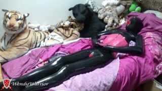 Black latex Condom Catsuit + pink latex corset + orgasm