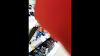 Step mom makes step son cum in condom in supermarket