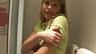 Ardent blond wanker Chanel masturbates with a dildo on the toilet bowl