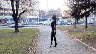 Brunette in outdoor public humiliation