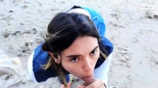 Beautiful young babe gives a nice POV blowjob on the beach