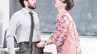 Nerdy chick gets screwed by the teacher and receives a cum load all over her face