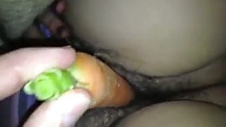 Stuffing a carrot in my bushy BBW snapper on closeup home video