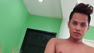 Showering Asian twink solo masturbates