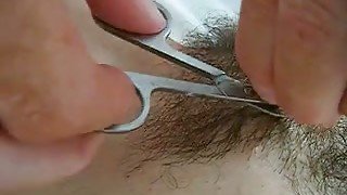 Trimming and shaving my Japanes girlfriend's hairy cunt