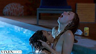 Janice Griffith and Ivy Wolfe Sneak Into Backyard For Nighttime Pool Fun