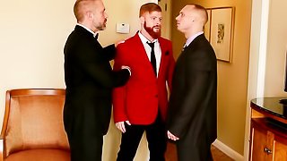 Bald dude finds his red bearded partner with his lover and joins them in dirty threesome