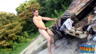 Jock thug Elijah Knight strokes big dick on roadside