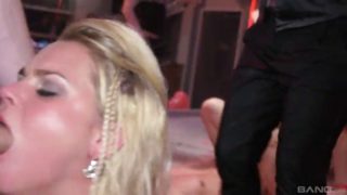 Doting blonde babe getting her face fucked hardcore  in a scintillating orgy