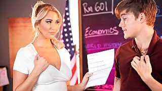 Blonde teacher Jordan Maxx wants to help her student achieve success...and erections