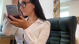 Hot secretary watches porn to learn how to suck her boss cock well