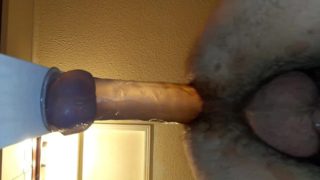 Watch my hairy ass swallow the monster dildo balls deep and loving it!