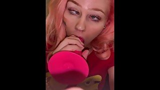 sexy pink-hair slut sucks dildo