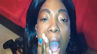 Ebony model sucks a large white dick and gets fucked balls deep