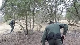 Skinny Latina in the woods fucking a man in uniform