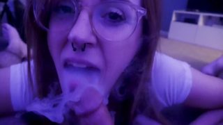 VAPE Blowjob slut eats cum off couch