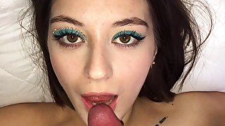 Close Up POV Blowjob & Cum in mouth & Sucks dick under the covers