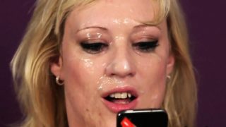 Peculiar bombshell gets jizz shot on her face eating all the