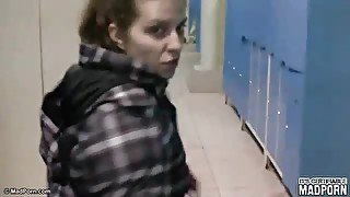 Dressing room blowjob from his cute teen GF