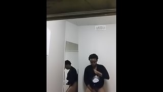 Ebony fucks herself in office bathroom