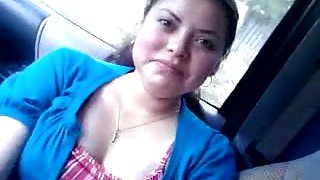 Chubby brunette chick lets me play with her tits in my car