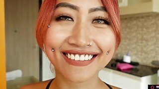 Cute amateur Thai teen with piercings sucks and rides a cock before doggystyle