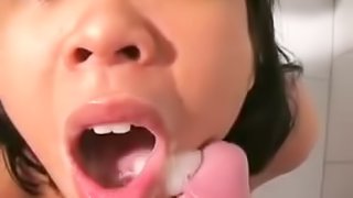 Asian big cock blowjob with cum on her face