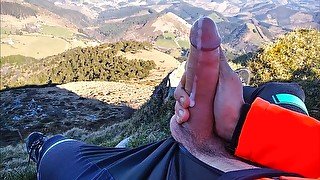 Jock in Fishnet Jerks his Big Fat Cock and Cums on Top of the Mountain 🗻🌲🍃