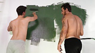 Kinky guys drop their clothes while painting and fuck each other