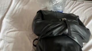 Orgasm vibrator. Latex catsuit. Bondage