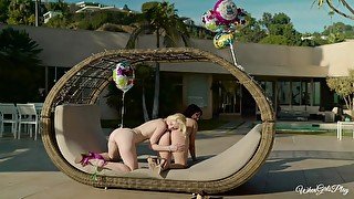 Creative patio sex for hot girls Jenna Sativa and Charlotte Stokely