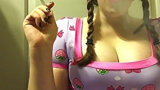 Chubby Brunette Teen with Big Natural Tits Smoking in Pigtails