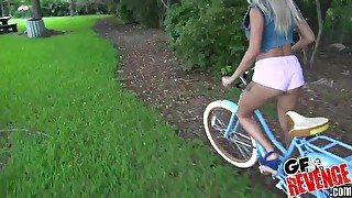 Tight blonde Marsha May needs cum in her mouth after a bike ride