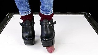 Ballbusting cock trampling and CBT in high heel boots Shoejob Sockjob POV