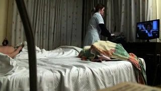 Buxom Oriental cleaning lady satisfies her desire for cock