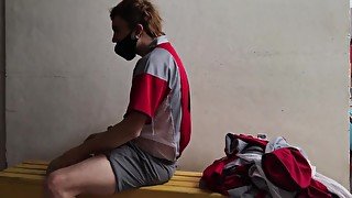 Soccer player fucks silicone pussy in club locker room