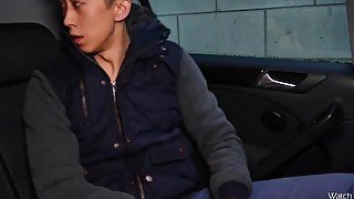 Asian twink jerking and sounding on the backseat in a parking lot