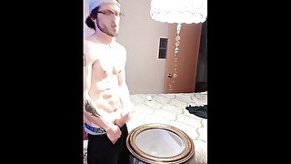 Tight abs big cock cumming on mirror