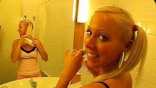 Cute blonde teen with pigtails swallows a cum after a hard pounding