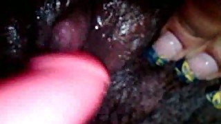 Petting my gorgeous ebony bitch's wet black pussy with dildo