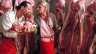 Blonde butcher gets her tight ass slaughtered by colleague's cock