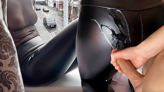 Sexy wife in leather leggings fuck by the window where anyone on the street can watch