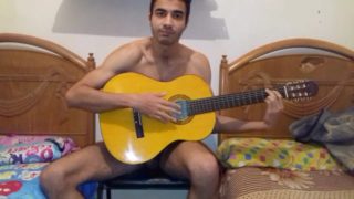 Guy with sexy naked body training playing guitar just after making long fucking compilation