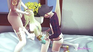 Yaoi Femboy Yuki - Yuki sucks and is fucked by two other Femboys on his bed