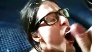 Lubricious brunette in glasses sucks my dick until she gets a facial