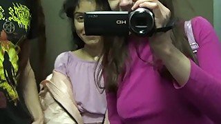 (RISKY PUBLIC SEX) Threesome and facial in an elevator!!!