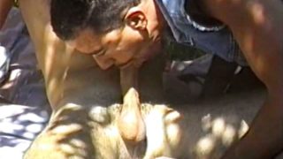 Mature men enjoy group fuck outdoors