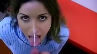 Sweater girl takes facial cumshot