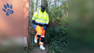 quick pawing off in hi-vis tracksuit and sneakers outdoors