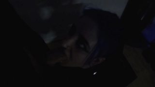 Goth woman gives her partner a blowjob, then comes with cum-covered face and hair.